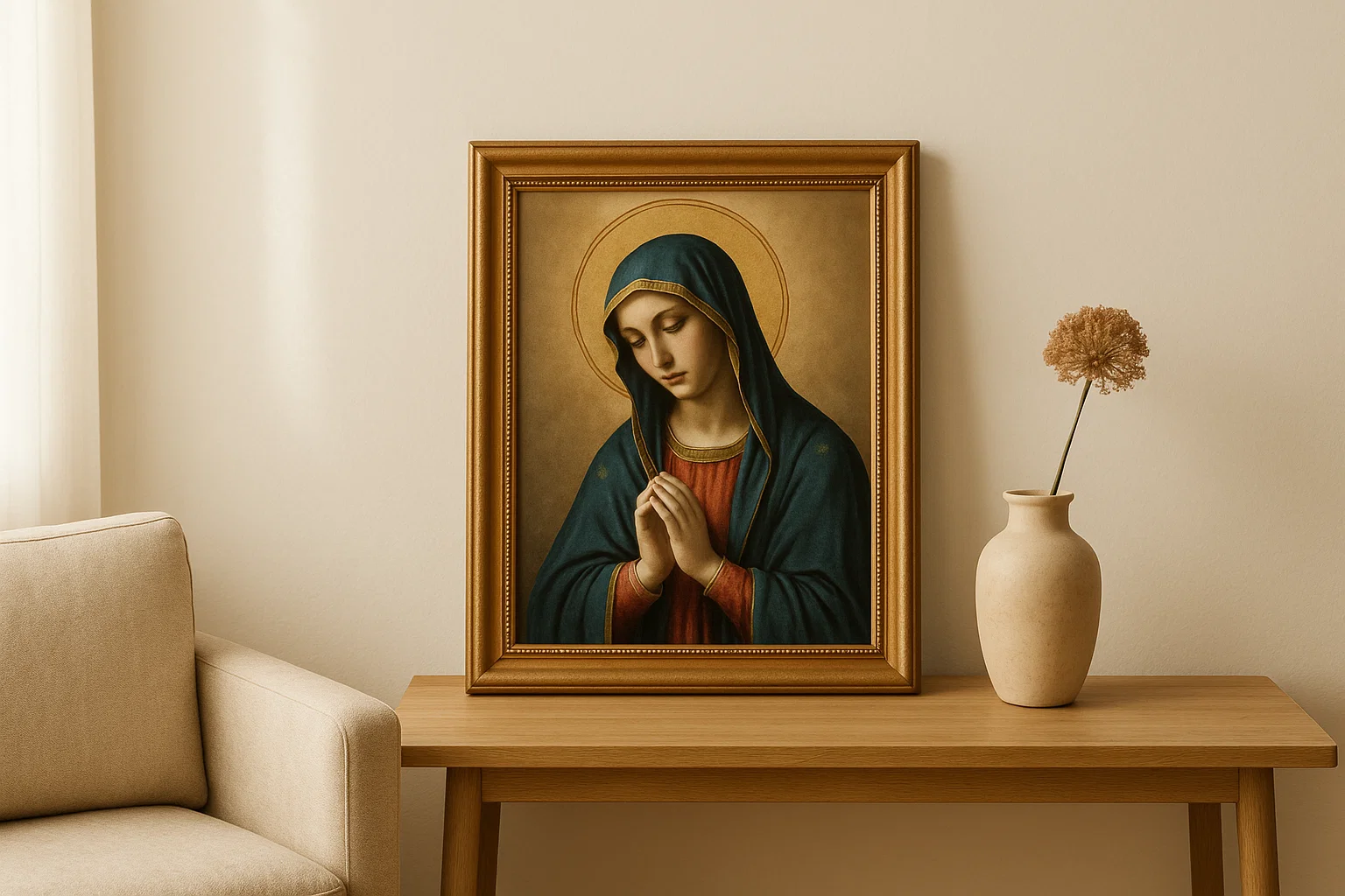 Obra enmarcada artesanal en sala minimalista
